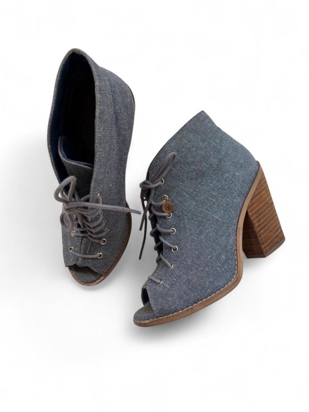 Call It Spring Blue Denim Peep Toe Lace Up Heeled Booties Size 6